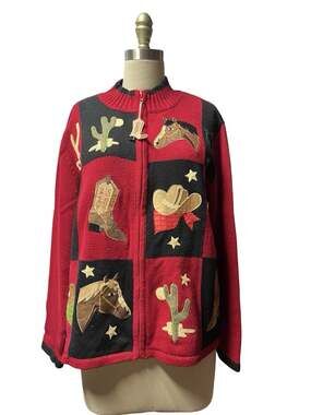 VTG Tiara Western Cowgirl Boots Rodeo Western Zip Cardigan Sweater Sz L